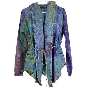 Custom Tie Dye Jean Jacket Womens Size Medium Hooded Handmade Denim Stencil Blue